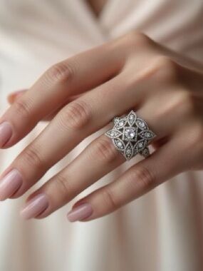 Princess Engagement Vintage Style Ring Bridal Floral Crystals Silver Tone